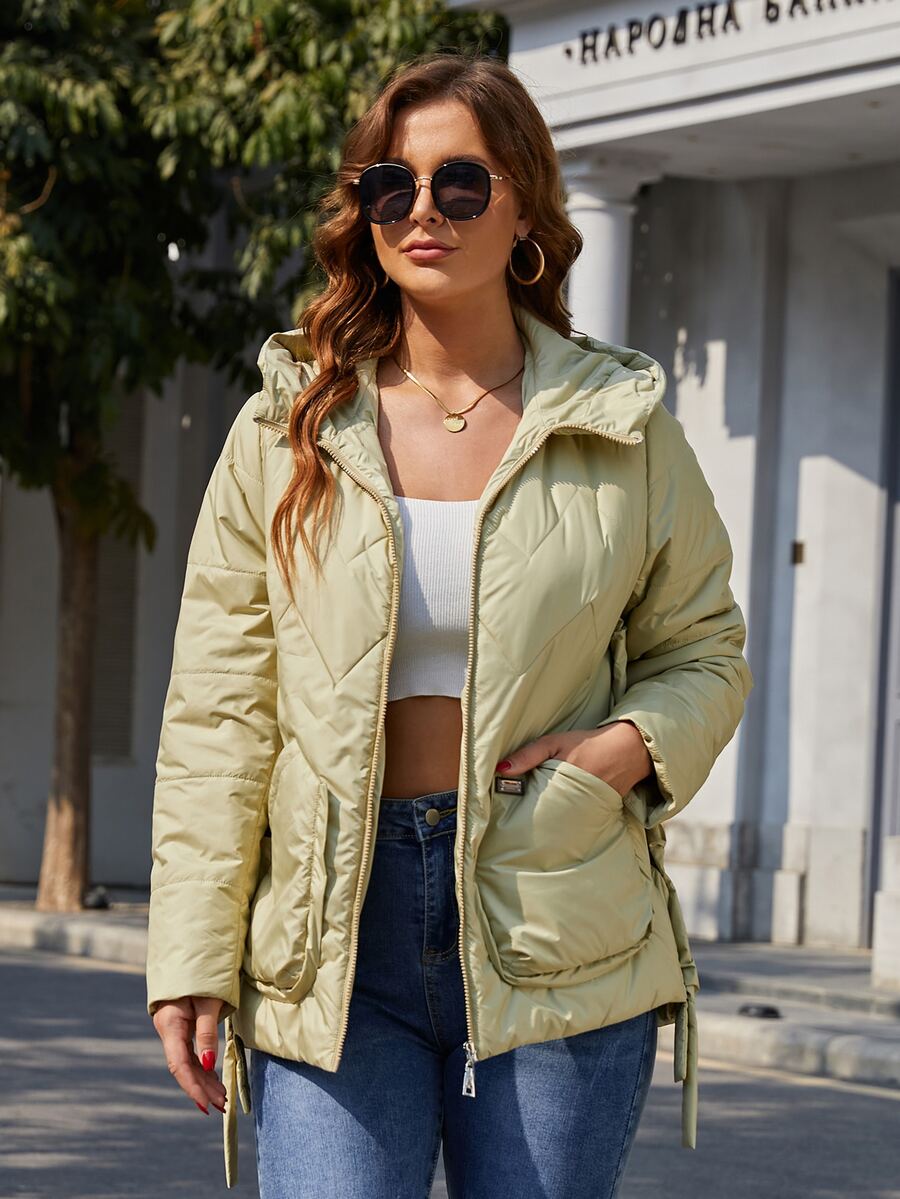 Plus Letter Patch Detail Slant Pockets Hooded Quilted Coat - Mint Green - View 1
