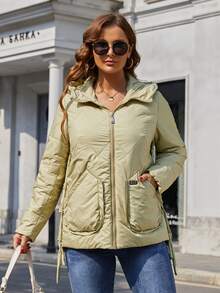 Plus Letter Patch Detail Slant Pockets Hooded Quilted Coat - Mint Green - View 3