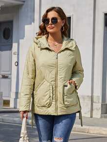 Plus Letter Patch Detail Slant Pockets Hooded Quilted Coat - Mint Green - View 4