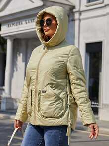 Plus Letter Patch Detail Slant Pockets Hooded Quilted Coat - Mint Green - View 5