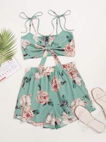 SHEIN VCAY Large Floral Shirred Tie Front Cami Top With Shorts - Mint Green - View 1