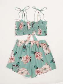 SHEIN VCAY Large Floral Shirred Tie Front Cami Top With Shorts - Mint Green - View 2