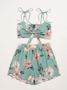 SHEIN VCAY Large Floral Shirred Tie Front Cami Top With Shorts - Mint Green - View 3