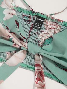 SHEIN VCAY Large Floral Shirred Tie Front Cami Top With Shorts - Mint Green - View 5