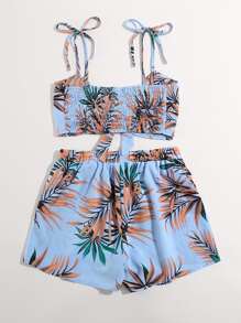 SHEIN VCAY Top de tirantes con fruncido con estampado tropical de hombros con cordón con shorts - Multicolor - Ver 2