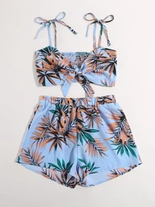 SHEIN VCAY Top de tirantes con fruncido con estampado tropical de hombros con cordón con shorts - Multicolor - Ver 3