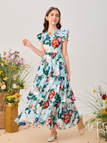 SHEIN Teen Girls Floral Print Layered Ruffle Hem Dress - Multicolor - View 1