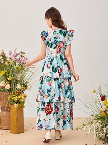 SHEIN Teen Girls Floral Print Layered Ruffle Hem Dress - Multicolor - View 2