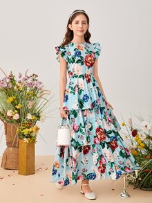 SHEIN Teen Girls Floral Print Layered Ruffle Hem Dress - Multicolor - View 4