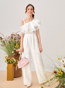 SHEIN Teen Girls Asymmetrical Shoulder Layered Ruffle Detail Wide Leg Jumpsuit - White - View 1