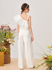 SHEIN Teen Girls Asymmetrical Shoulder Layered Ruffle Detail Wide Leg Jumpsuit - White - View 2