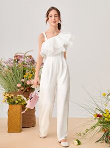 SHEIN Teen Girls Asymmetrical Shoulder Layered Ruffle Detail Wide Leg Jumpsuit - White - View 3
