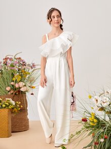 SHEIN Teen Girls Asymmetrical Shoulder Layered Ruffle Detail Wide Leg Jumpsuit - White - View 4
