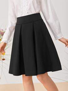 SHEIN 青少年女孩高腰百褶半身裙 - 黑色 - 查看 3