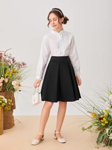 SHEIN 青少年女孩高腰百褶半身裙 - 黑色 - 查看 5