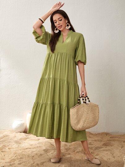 Mulvari Vestido smock de cuello notch de manga farol bajo con fruncido