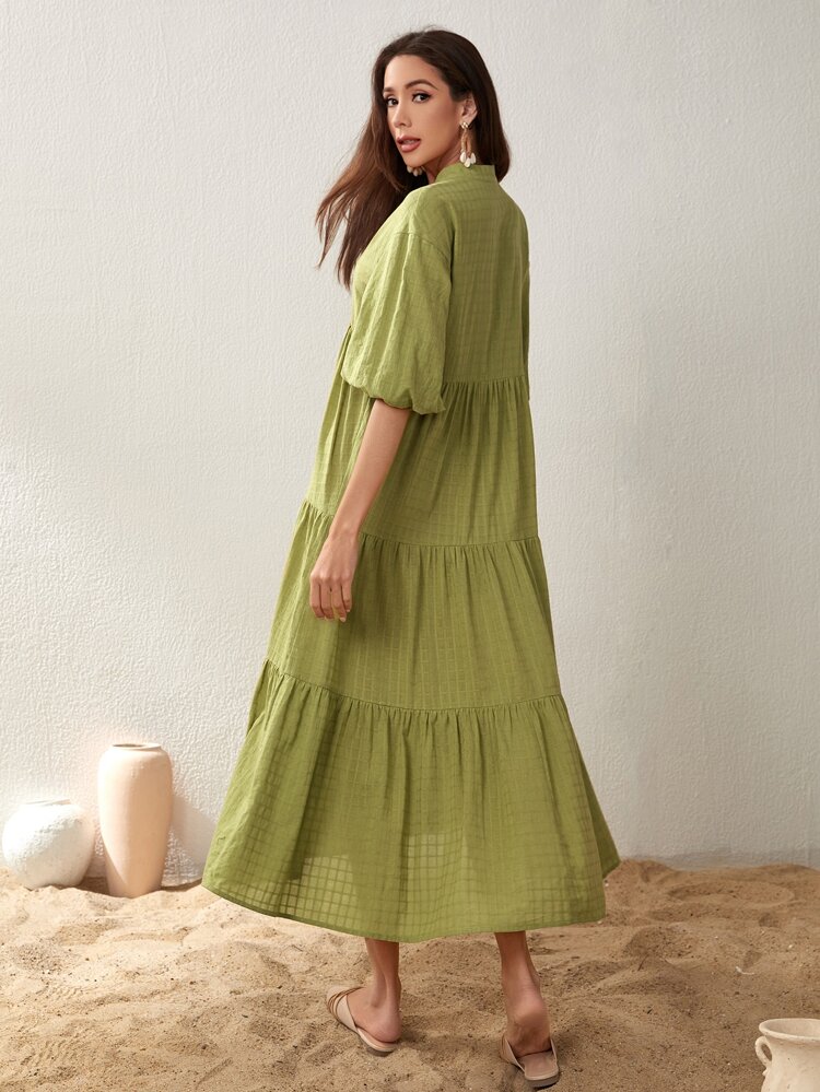 Notch Neck Puff Sleeve Ruffle Hem Smock Dress