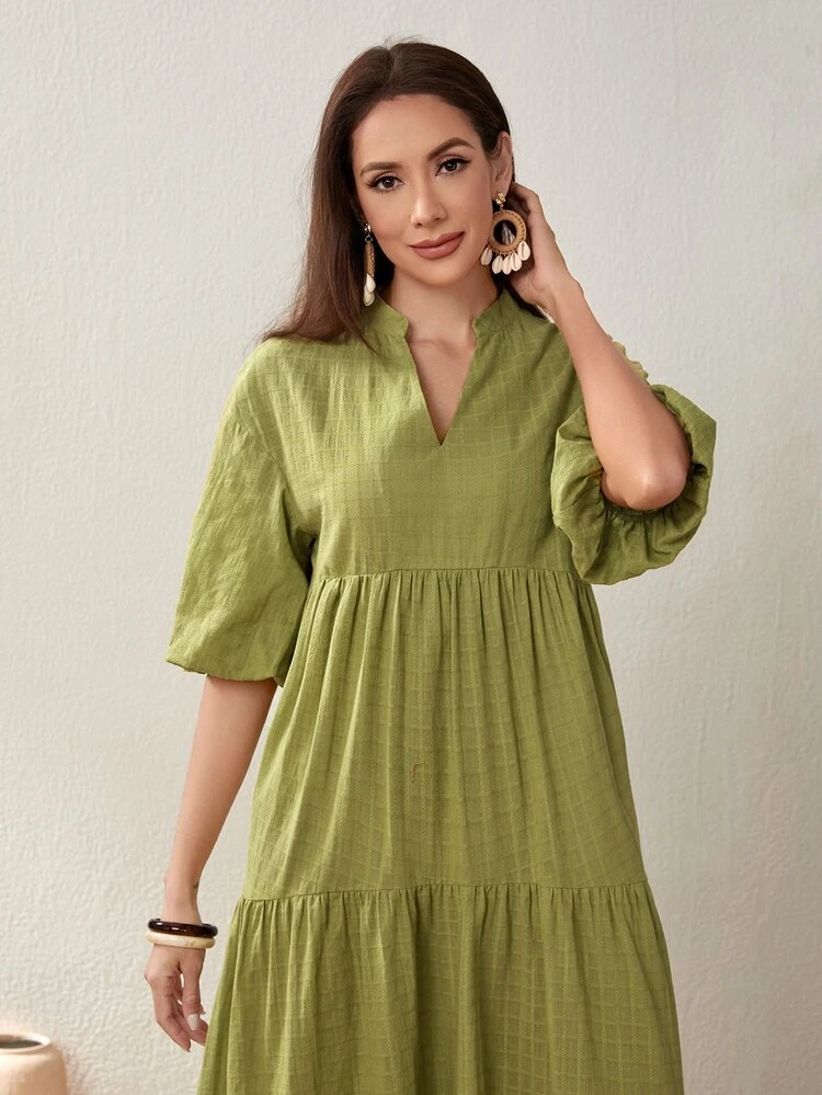 Notch Neck Puff Sleeve Ruffle Hem Smock Dress