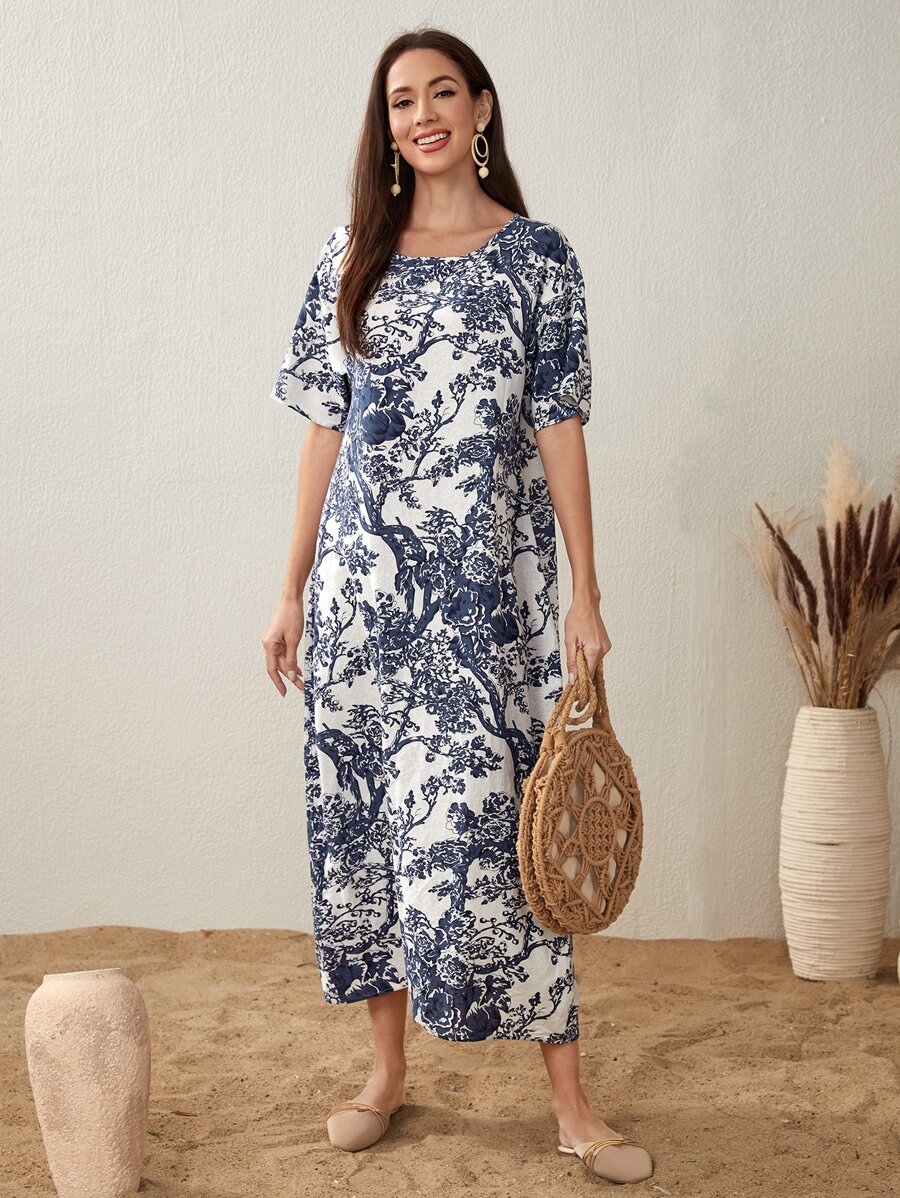 Seusyu 花卉圖案大圓領阿拉伯連衣裙