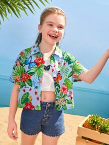 SHEIN Girls Collared Tropical and Butterfly Print Blouse - Multicolor - View 1