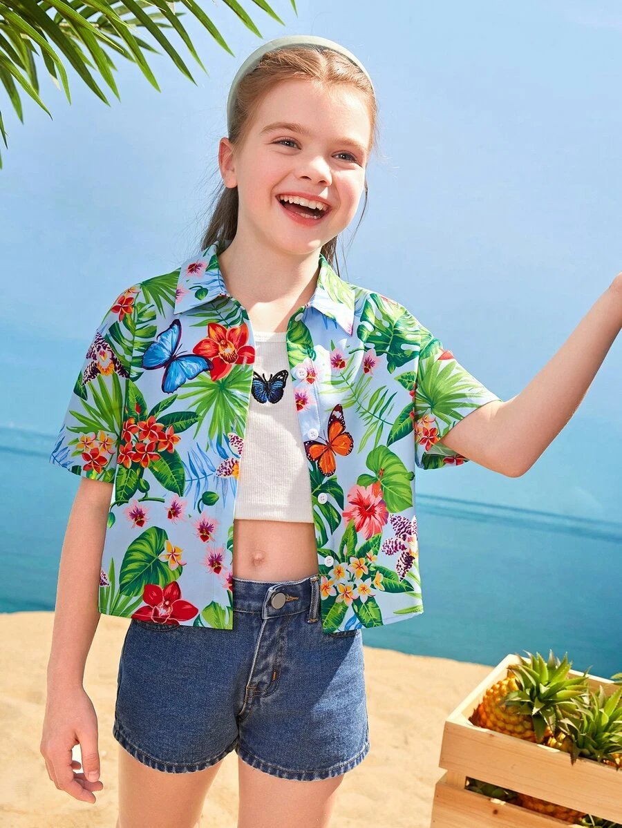 SHEIN Girls Collared Tropical and Butterfly Print Blouse - Multicolor - View 1