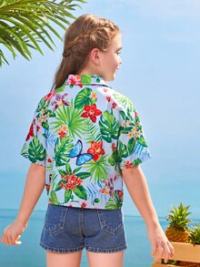 SHEIN Girls Collared Tropical and Butterfly Print Blouse - Multicolor - View 2