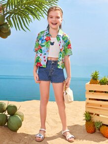 SHEIN Girls Collared Tropical and Butterfly Print Blouse - Multicolor - View 4