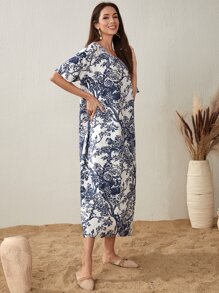 Seusyu 花卉圖案大圓領阿拉伯連衣裙