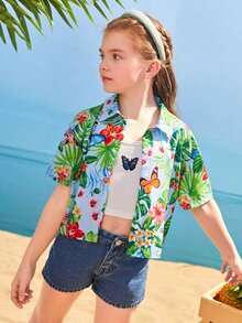 SHEIN Girls Collared Tropical and Butterfly Print Blouse - Multicolor - View 5