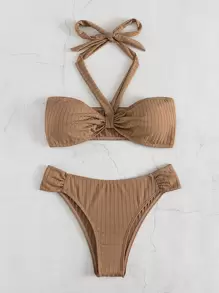Ruched Halter Bikini For Summer Beach - Mocha Brown - View 3