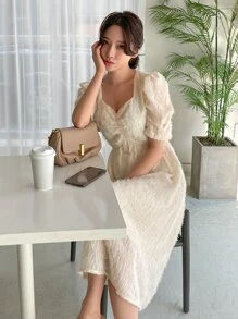 DAZY 雞心領口泡泡袖連衣裙 - 杏色 - 查看 5