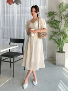 DAZY 雞心領口泡泡袖連衣裙 - 杏色 - 查看 6