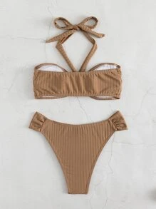 Ruched Halter Bikini For Summer Beach - Mocha Brown - View 2