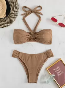 Ruched Halter Bikini For Summer Beach - Mocha Brown - View 6