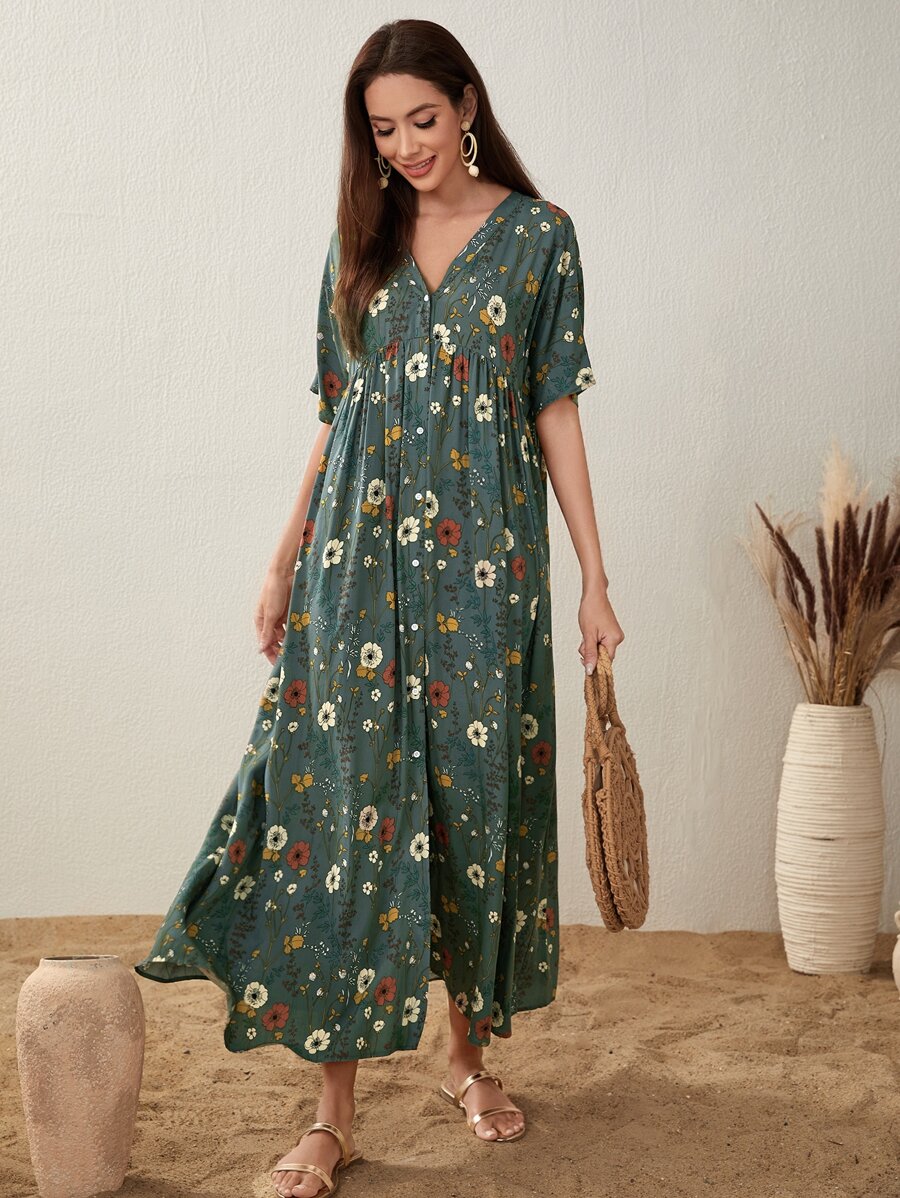 Mulvari Floral Print Button Front V-neck Dress - Multicolor - View 1