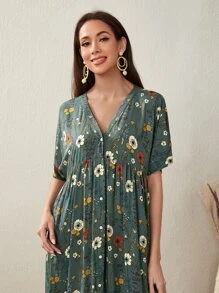 Mulvari Floral Print Button Front V-neck Dress - Multicolor - View 4