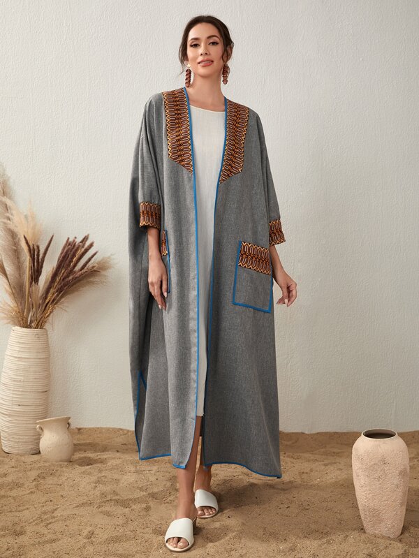 SHEIN Najma Open Front Colorblock Geo Embroidery Dual Pocket Batwing