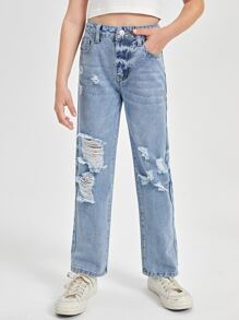 SHEIN Girls Straight Leg Ripped Jeans - Light Wash - View 1