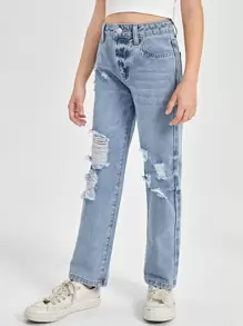 SHEIN Girls Straight Leg Ripped Jeans - Light Wash - View 3