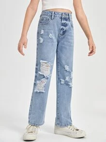 SHEIN Girls Straight Leg Ripped Jeans - Light Wash - View 4
