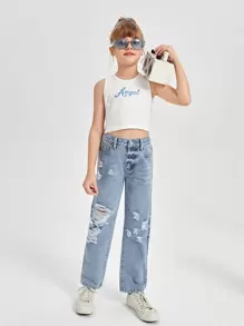 SHEIN Girls Straight Leg Ripped Jeans - Light Wash - View 5