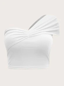 SHEIN 大碼單肩褶邊短款上衣 - 白色 - 查看 2