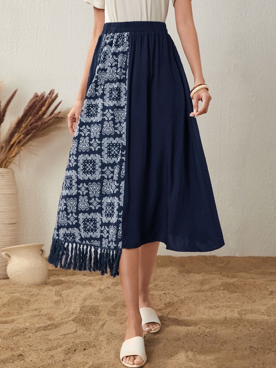 Seusyu Paisley Print Colourblock Panel Fringe Trim Skirt - Navy Blue - View 1