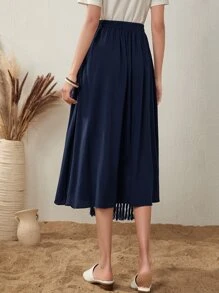 Seusyu Paisley Print Colourblock Panel Fringe Trim Skirt - Navy Blue - View 2