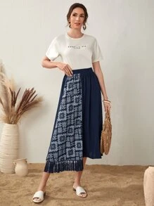 Seusyu Paisley Print Colourblock Panel Fringe Trim Skirt - Navy Blue - View 3