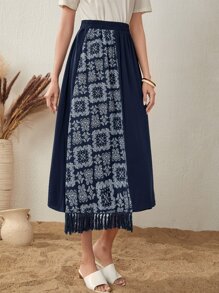 Seusyu Paisley Print Colourblock Panel Fringe Trim Skirt - Navy Blue - View 4