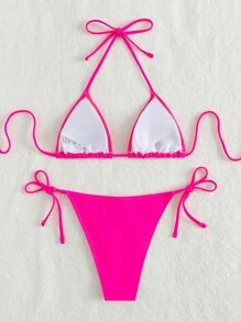 素色比基尼泳裝吊脖三角形文胸和側繫帶下裝2入組泳衣 - 玫紅色 - 查看 2