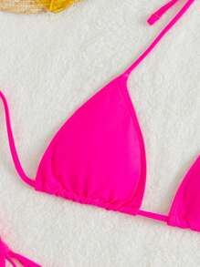 素色比基尼泳裝吊脖三角形文胸和側繫帶下裝2入組泳衣 - 玫紅色 - 查看 3