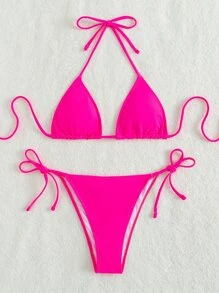 素色比基尼泳裝吊脖三角形文胸和側繫帶下裝2入組泳衣 - 玫紅色 - 查看 5