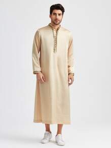 GENTILAND Loose Fit Men's Button Front Tape Detail Longline Kurta - Khaki - View 1